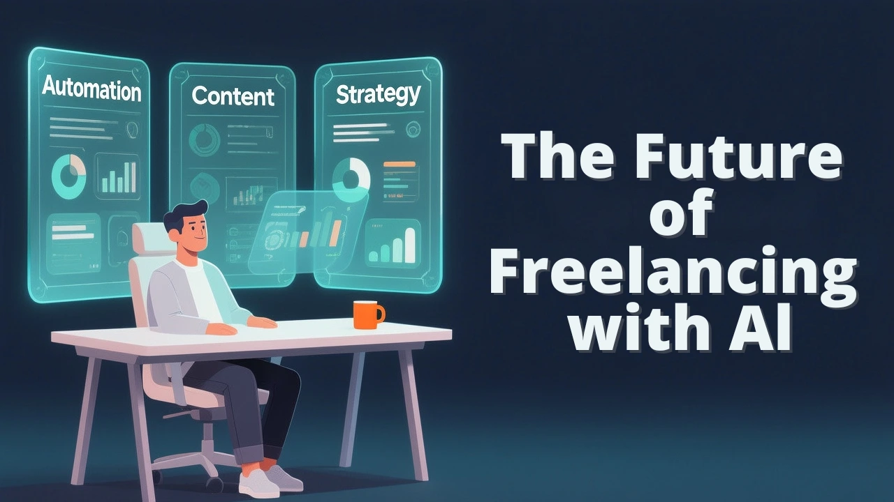 A modern freelancer sitting at a desk with three holographic panels displaying automation, content, and strategy metrics, representing the future of freelancing with AI."