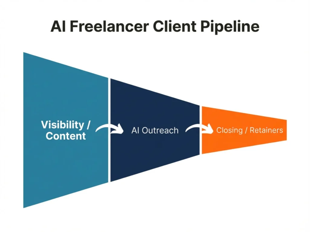 AI freelancer client pipeline funnel diagram with sections for visibility and content at the wide end, AI outreach in the middle, and closing and retainers at the narrow end, illustrating how freelancing with AI turns attention into long‑term clients.