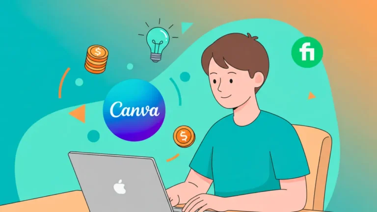 Illustration of a freelancer using a laptop with the Canva logo to get ideas for easy Fiverr gigs, with icons representing money and creativity.