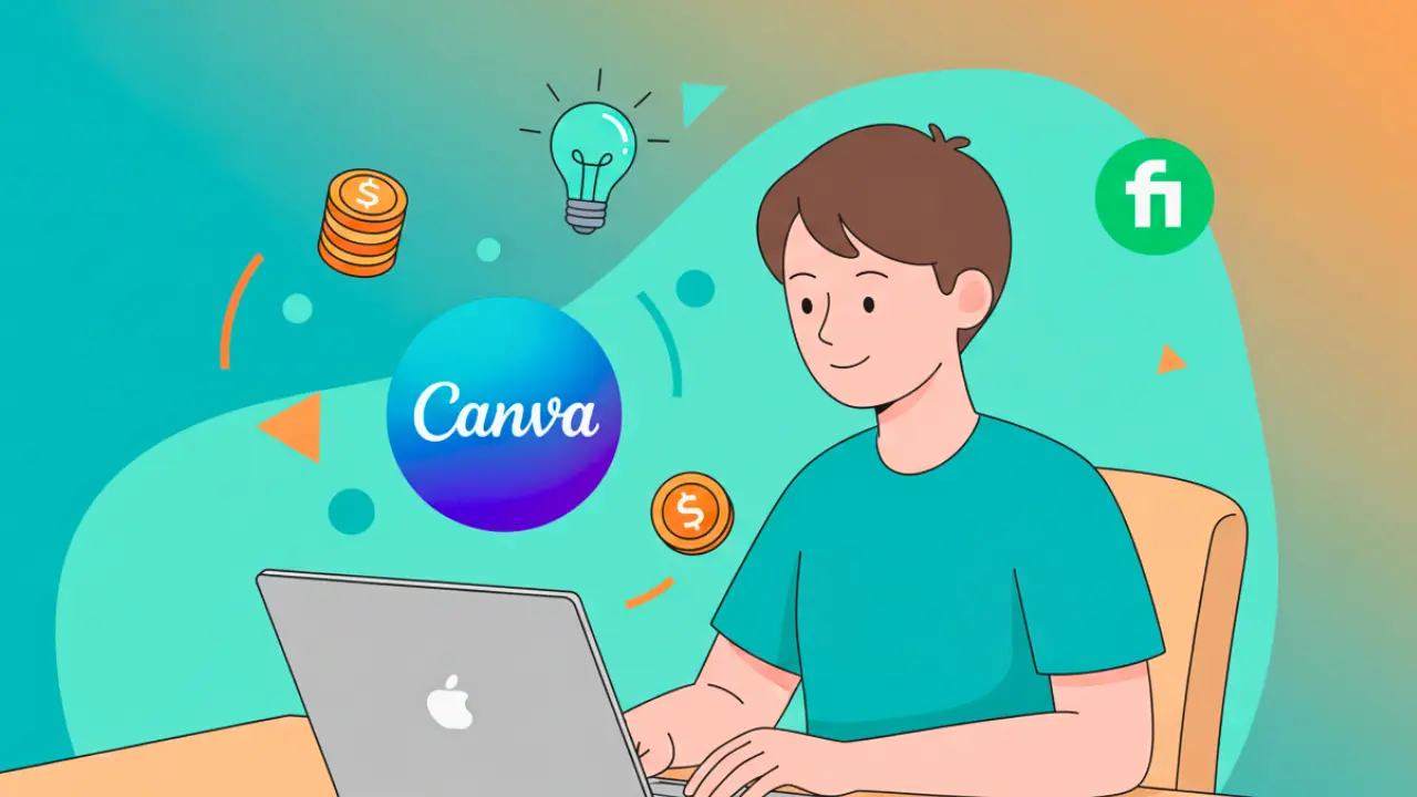 Illustration of a freelancer using a laptop with the Canva logo to get ideas for easy Fiverr gigs, with icons representing money and creativity.
