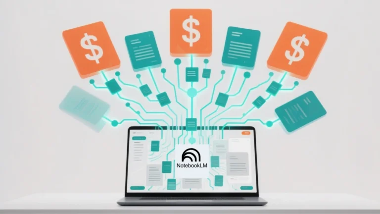 NotebookLM AI interface transforming documents into Fiverr gig cards with teal, orange, and green accents on a minimalist background