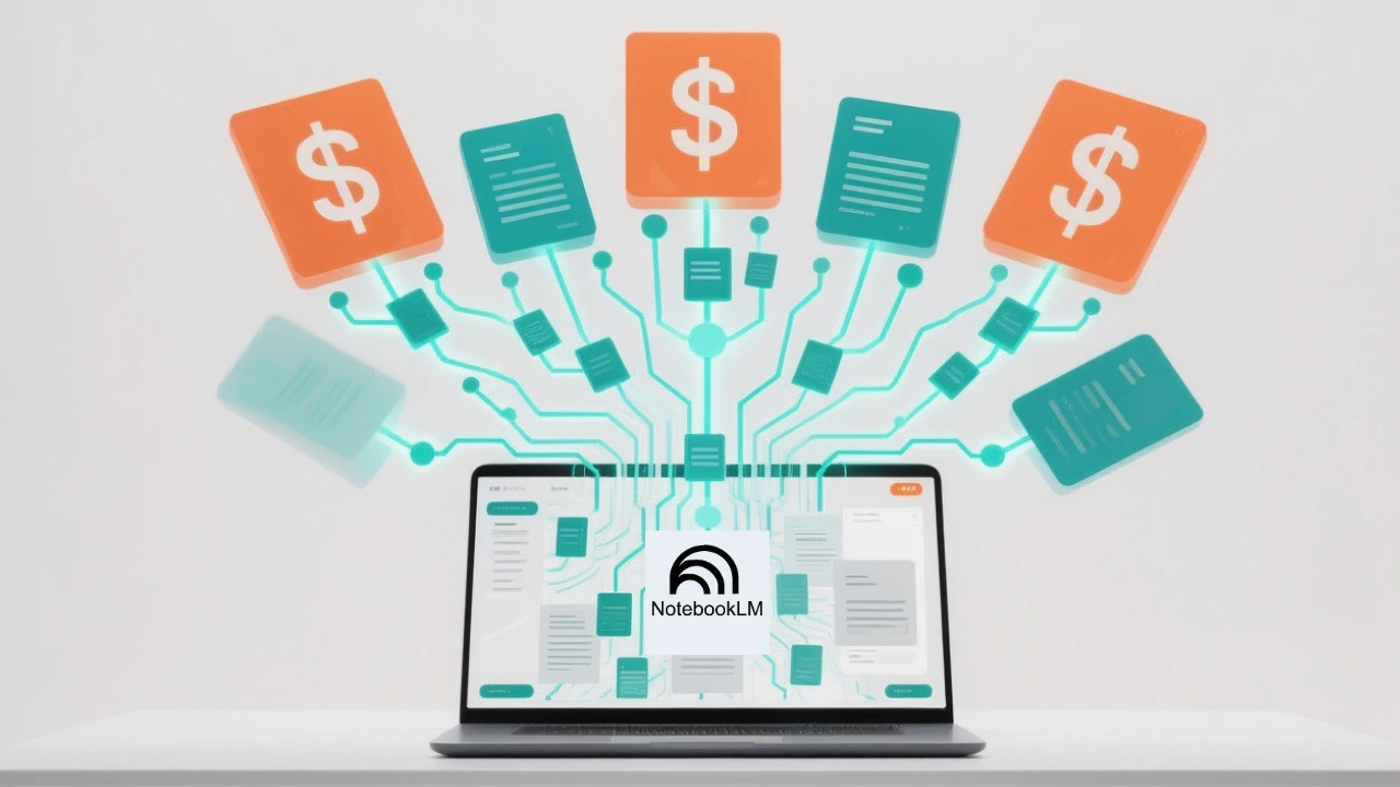 NotebookLM AI interface transforming documents into Fiverr gig cards with teal, orange, and green accents on a minimalist background