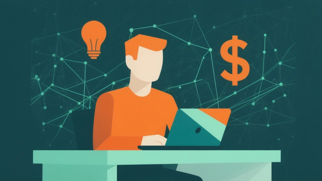 Illustration of a freelancer at a desk using a laptop, with a lightbulb and a dollar sign floating above, representing the process of generating profitable and easy Fiverr gigs using Perplexity AI.