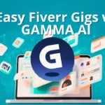 Laptop displaying Gamma AI logo surrounded by floating icons showing presentation slides, charts, documents, and dollar signs representing easy Fiverr gigs