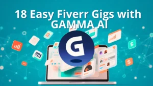 Laptop displaying Gamma AI logo surrounded by floating icons showing presentation slides, charts, documents, and dollar signs representing easy Fiverr gigs