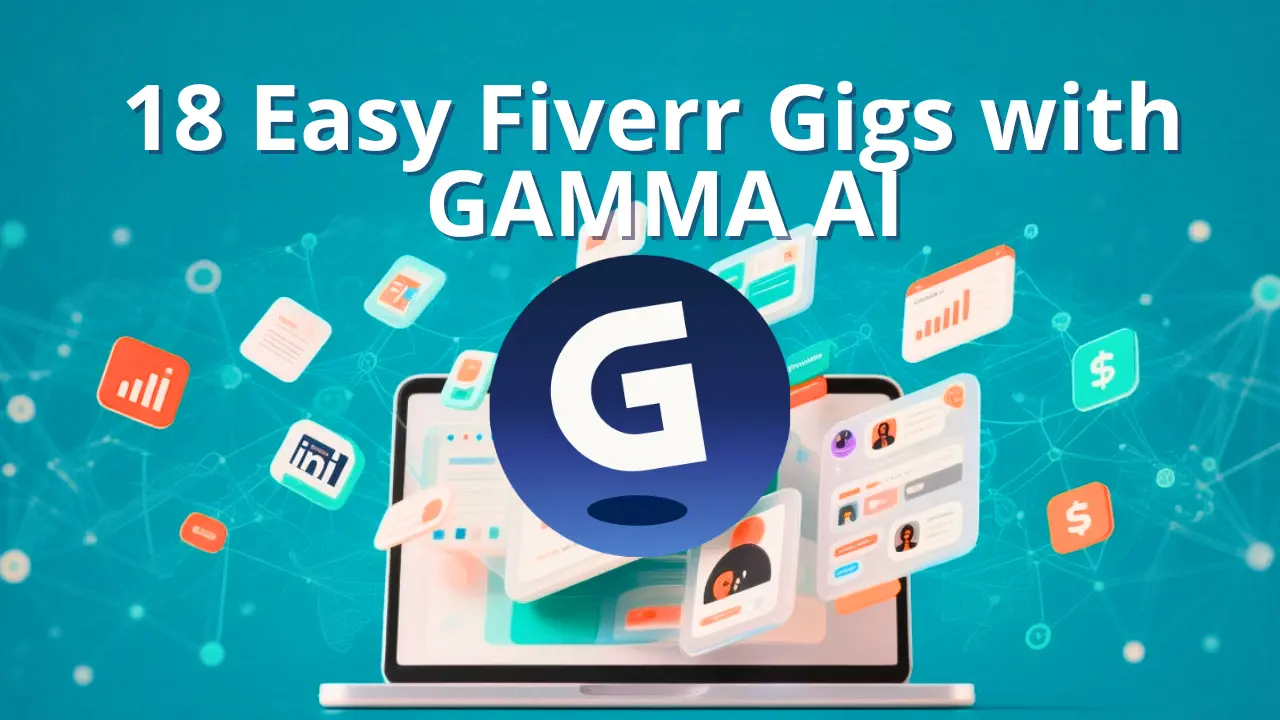 Laptop displaying Gamma AI logo surrounded by floating icons showing presentation slides, charts, documents, and dollar signs representing easy Fiverr gigs
