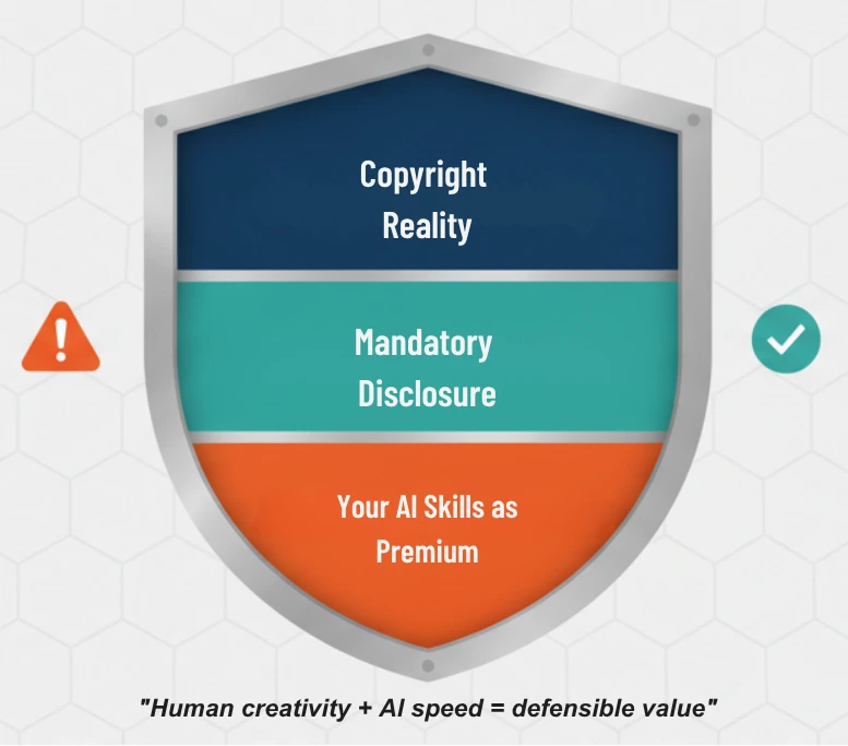 Shield graphic labeled Legal, Ethical and Pricing Reality Check with copyright, mandatory disclosure and AI skills premium sections, plus warning and check icons.