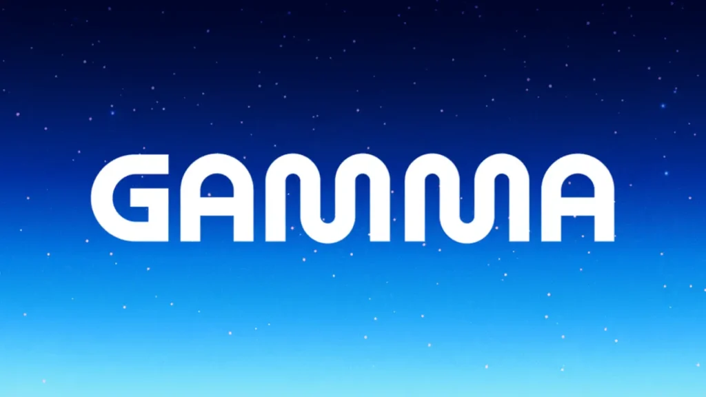 Gamma AI app logo on gradient blue background with white text and stars