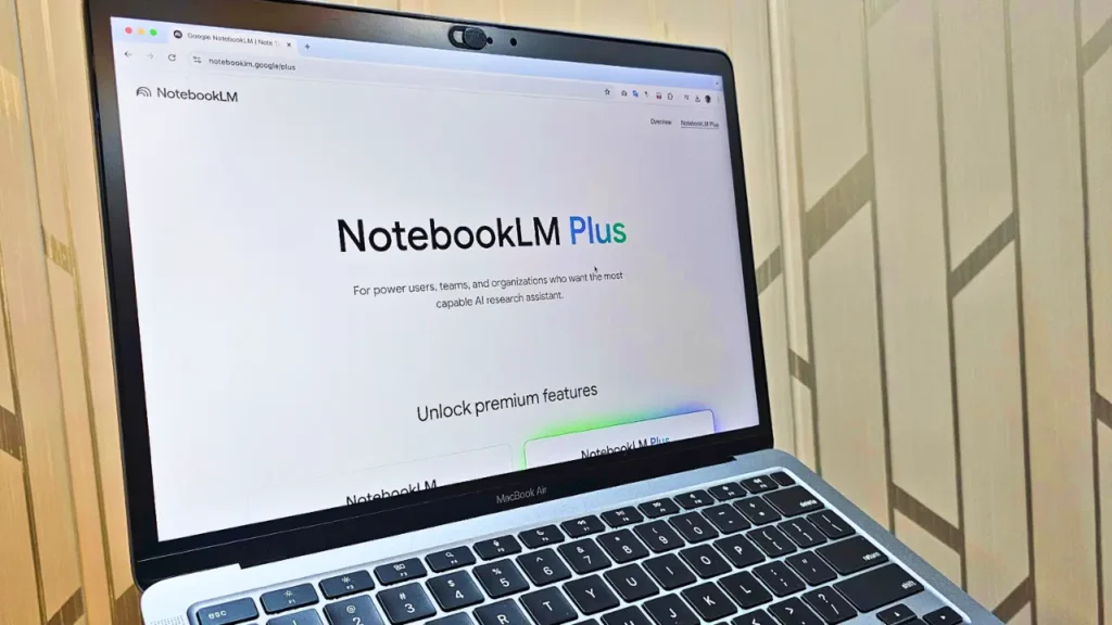 A MacBook Air displaying the NotebookLM Plus subscription page, emphasizing the premium features for advanced AI research assistance.