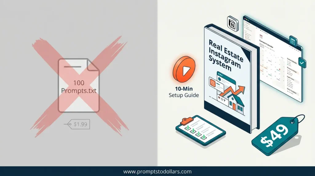 Comparison: Selling Raw Text Prompts vs. Premium Niche Bundles Split-screen comparison showing a generic text file of prompts selling for $1.99 versus a high-value niche bundle with PDF guides, templates, and video tutorials selling for $49."