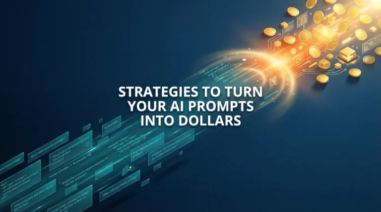 Futuristic digital illustration showing code streams transforming into golden coins, titled 'Strategies to Turn Your AI Prompts into Dollars'. Visualizes the concept of monetizing AI prompt engineering.