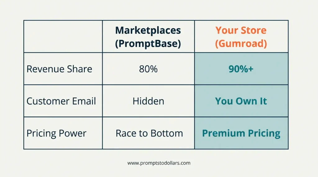 Platform Showdown: PromptBase Marketplaces vs. Gumroad Stores Marketplace vs Your Store Comparison