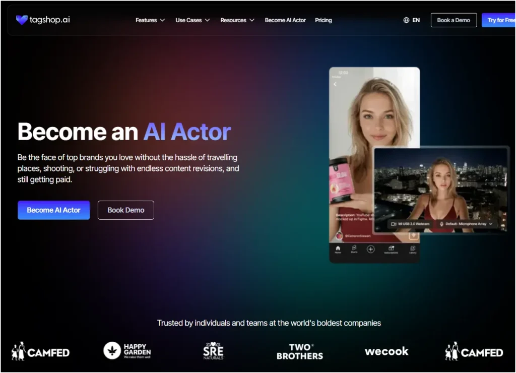 Tagshop.ai “Become an AI Actor” page—AI platform that pays creators by licensing AI avatars for UGC ads.
