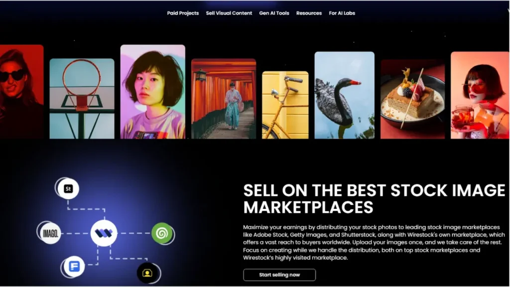 Wirestock page showing “Sell on the best stock image marketplaces”—AI platform that pays creators for visual assets