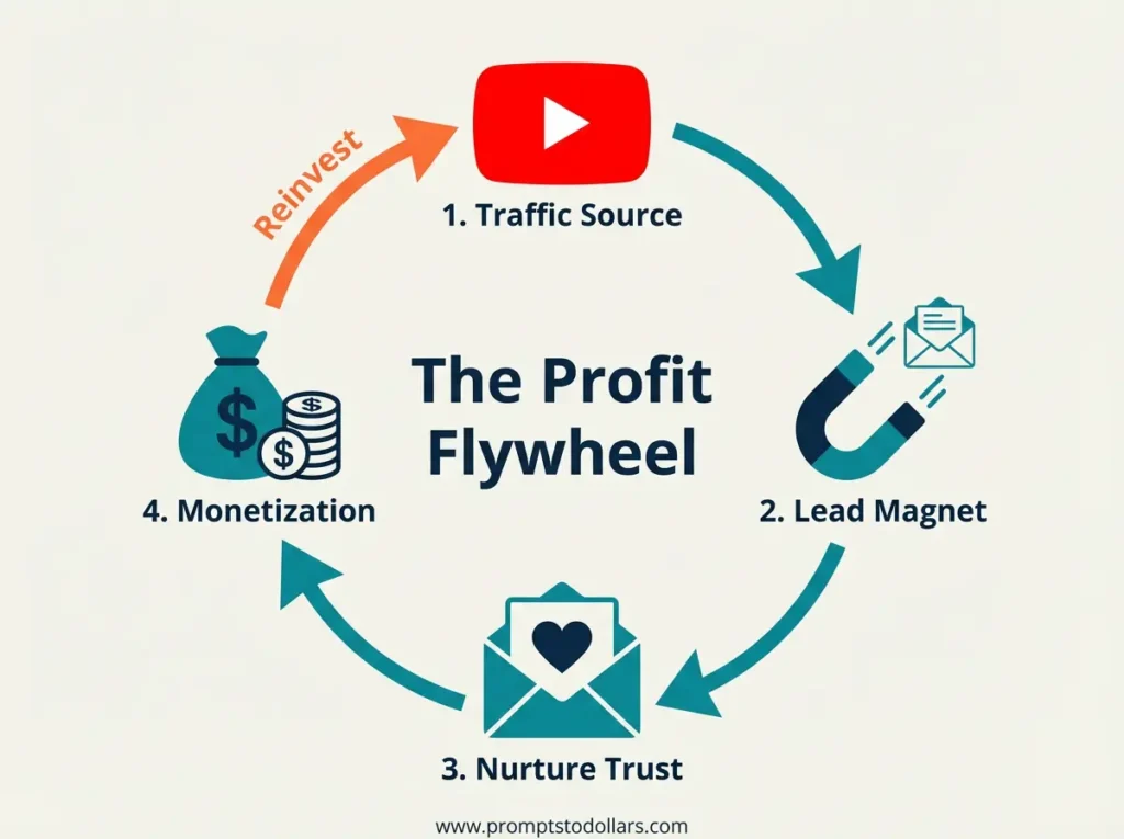 The 4-Step Profit Flywheel for AI Content Monetization Circular flow diagram illustrating the 'Profit Flywheel' model: Traffic Source (YouTube) flows to Lead Magnet, then to Nurturing Trust via Email, leading to Monetization, and finally Reinvestment.