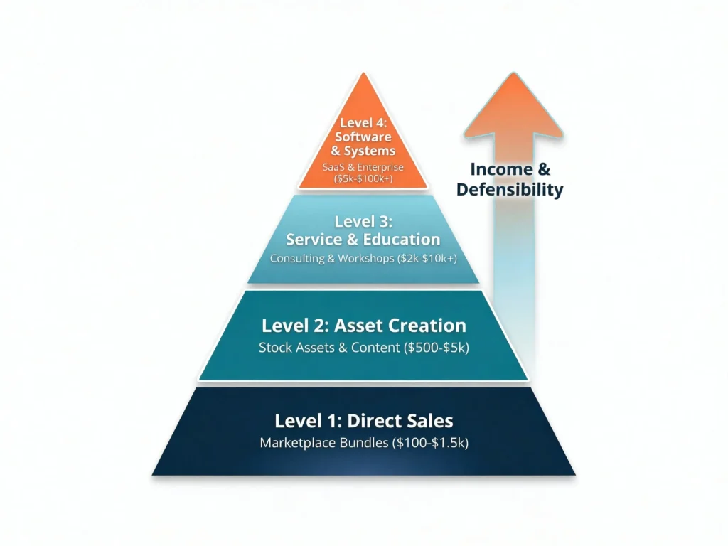 4 Levels of AI Prompt Monetization & Income Potential Pyramid chart titled 'The Turn AI Prompts into Income Hierarchy. Level 1 (Base): Direct Sales ($100-$1.5k). Level 2: Asset Creation ($500-$5k). Level 3: Service & Education ($2k-$10k+). Level 4 (Top): Software & Systems ($5k-$100k+).