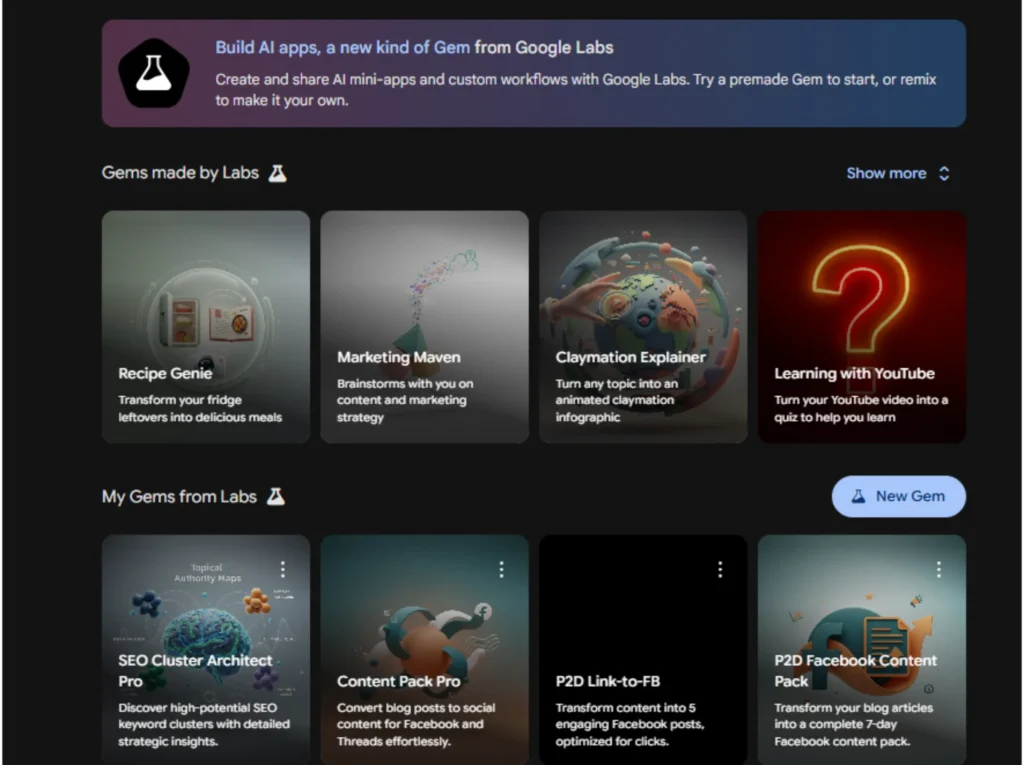 How to Build Google Gemini Super Gems That Generate Income 2 The Google Gemini dashboard showing the "Gems made by Labs" section and the correct "New Gem" button to start building Opal apps.