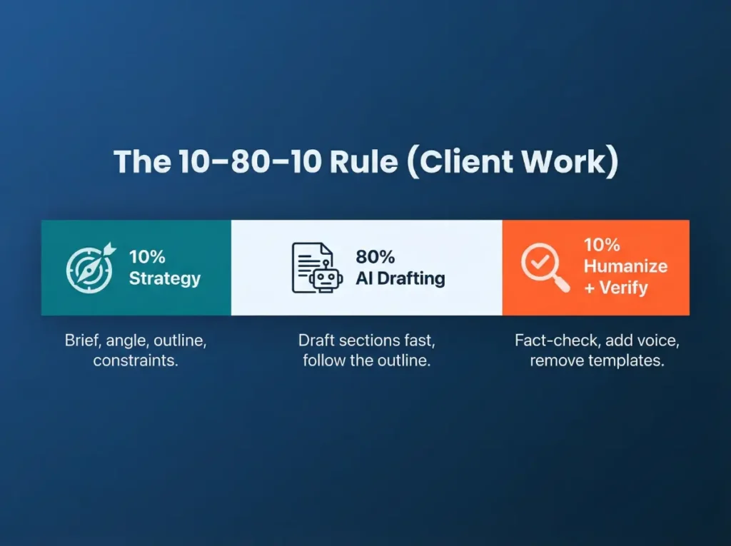Workflow diagram illustrating the 10-80-10 rule for client-safe AI writing: 10% human strategy (brief, angle, outline, constraints) shown in teal with compass icon, 80% AI drafting (draft sections fast, follow outline) shown in white with document-robot icon, and 10% humanize + verify (fact-check, add voice, remove templates) shown in orange with magnifier-check icon.