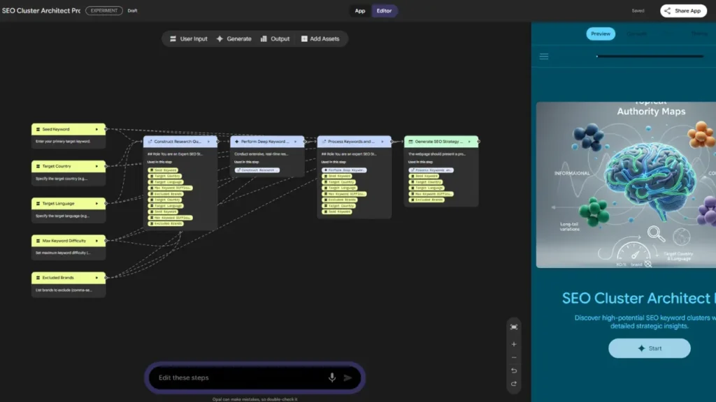 How to Build Google Gemini Super Gems That Generate Income 5 A full view of the Opal visual editor showing the "God Mode" canvas where users can connect nodes such as "Seed Keyword," "Construct Research Query," and "Perform Deep Keyword Research.
