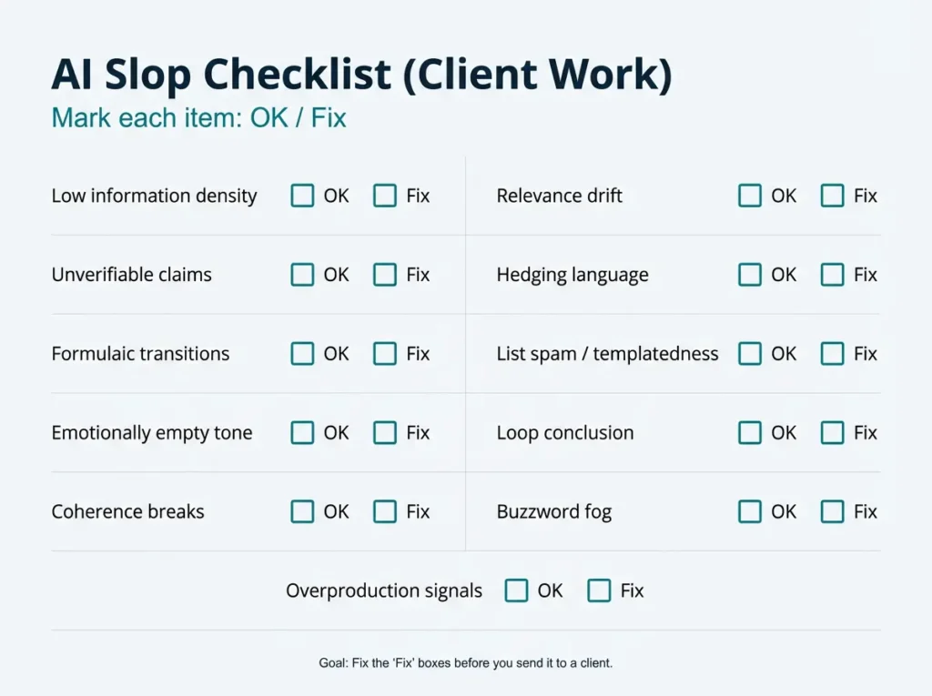 Practical checklist scorecard for client work to identify AI slop in writing, showing 11 quality dimensions in a two-column grid format: low information density, relevance drift, unverifiable claims, hedging language, formulaic transitions, list spam/templatedness, emotionally empty tone, loop conclusion, coherence breaks, buzzword fog, and overproduction signals.