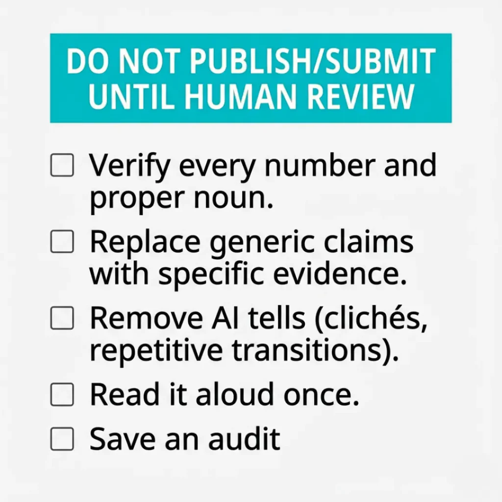 Human-in-the-loop verification checklist: do not publish until human review, fact-check claims, remove AI tells.
