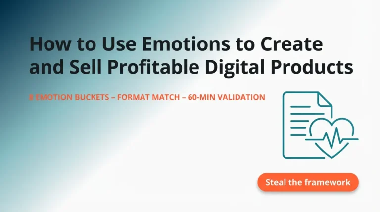 How to Use Emotions to Create and Sell Profitable Digital Products featured image with document-heart icon and “Steal the framework” CTA.