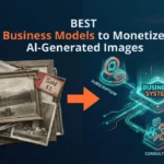 A split-screen graphic comparing the old way of selling $3 prints versus modern business models to monetize AI-generated images. The right side features a glowing isometric diagram highlighting "Business System" nodes like Subscriptions, Brand Deals, and Consulting.