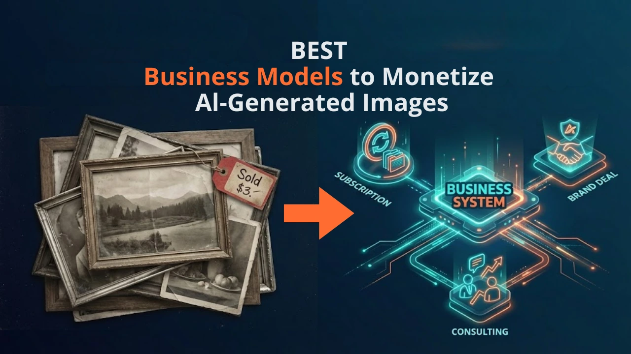 A split-screen graphic comparing the old way of selling $3 prints versus modern business models to monetize AI-generated images. The right side features a glowing isometric diagram highlighting "Business System" nodes like Subscriptions, Brand Deals, and Consulting.
