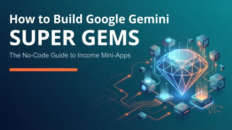 The featured image for the guide on building Google Gemini Super Gems. It features a modern, tech-focused design with a 3D wireframe diamond (representing the Super Gem) connected to glowing orange workflow nodes (representing Opal automation). The background uses the brand's primary deep teal gradient, and the text highlights the "No-Code Guide to Income Mini-Apps."