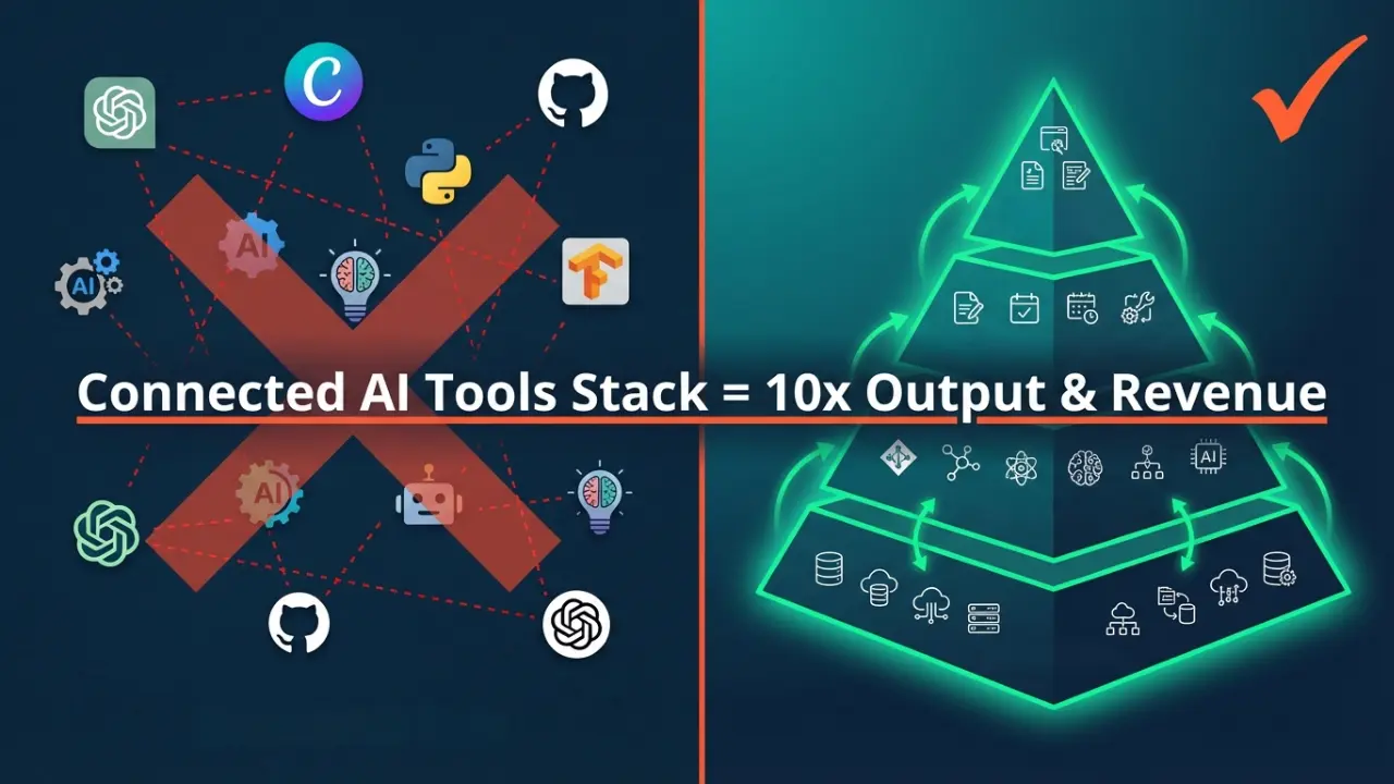 Featured Image of the article. A split-screen comparison infographic showing the difference between choosing the right AI tools stack versus using disconnected tools. Left side displays scattered, unconnected AI tool icons with red X marks representing wasted subscriptions and manual work. Right side shows an organized, connected 4-layer AI stack architecture with green flow arrows demonstrating automated workflows. The visual emphasizes how a properly chosen AI tools stack delivers 10x output and revenue compared to random tool subscriptions.