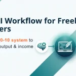 Freelance AI writing workflow diagram showing 10-80-10 system with strategy, drafting, and humanization phases for writers