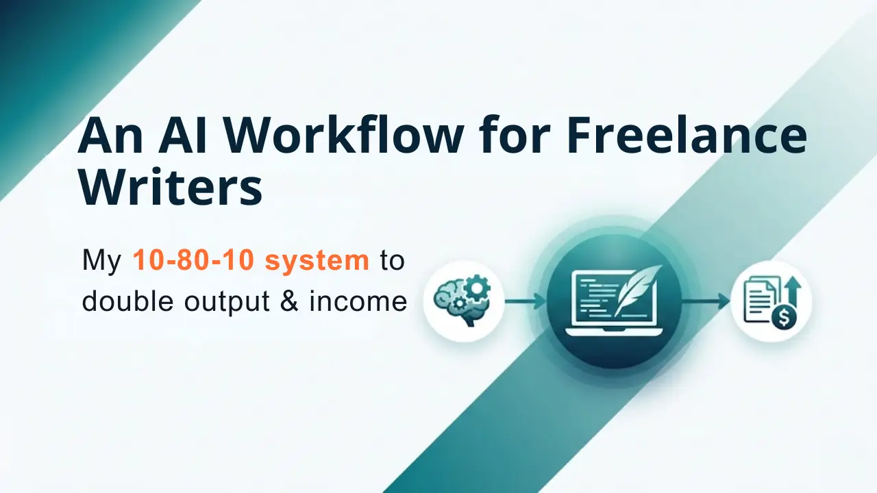 Freelance AI writing workflow diagram showing 10-80-10 system with strategy, drafting, and humanization phases for writers