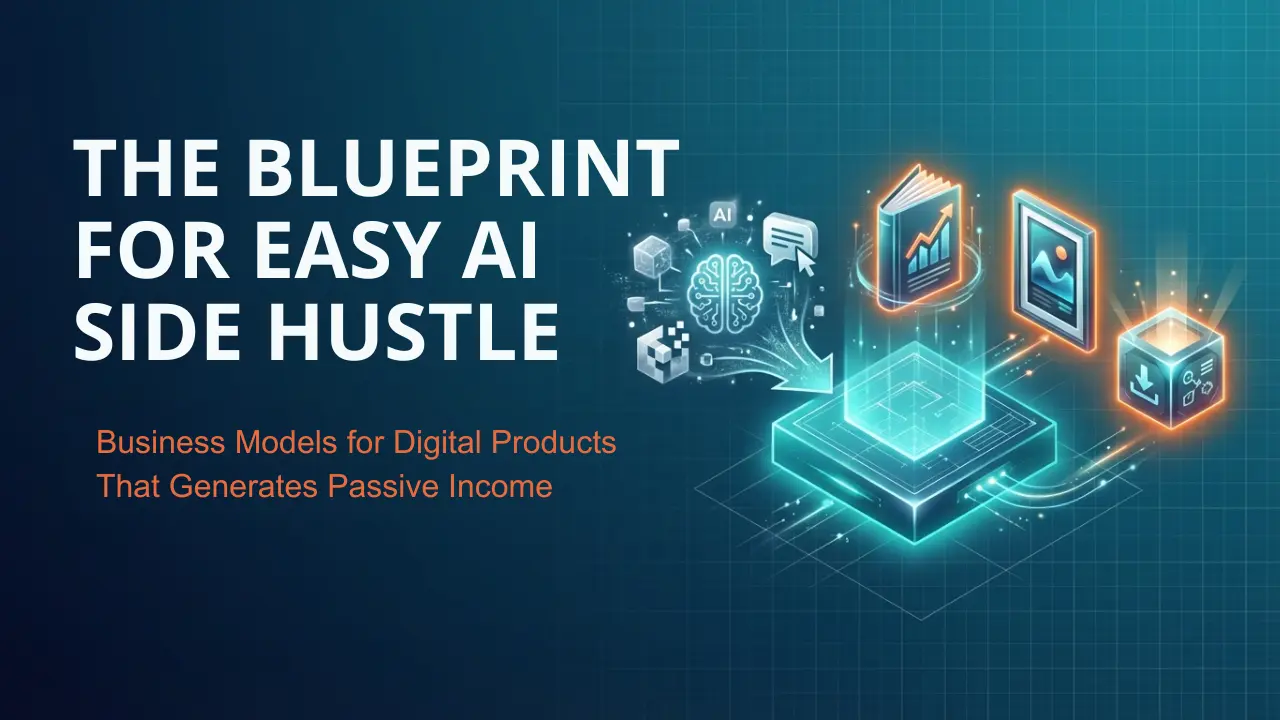 Isometric illustration of a digital factory processing raw data into finished books and art assets, titled "The Blueprint for Easy AI Side Hustle 2026".