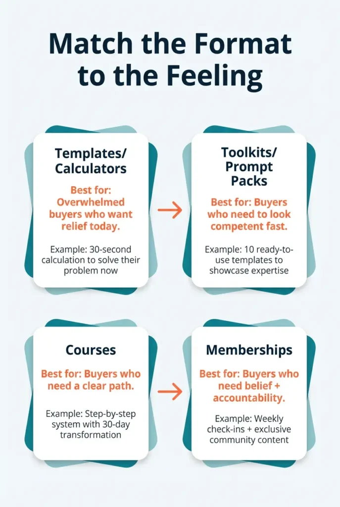 Diagram showing how to match digital product formats (templates, toolkits, courses, memberships) to the feeling buyers want.