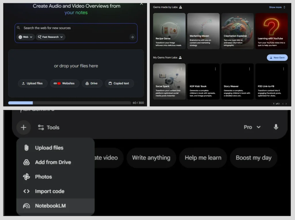 NotebookLM interface showing file upload options and Gemini custom gems for freelance AI writing workflow research phase