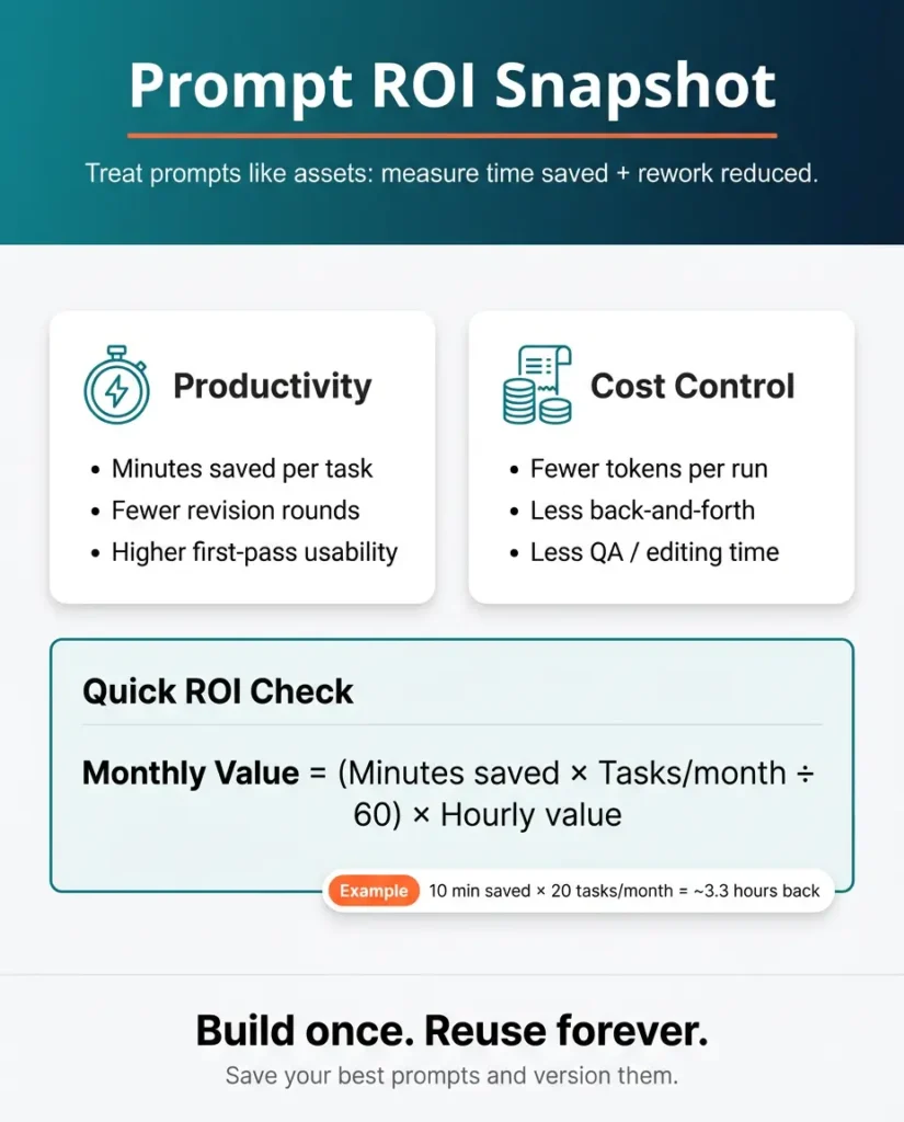 Prompt ROI Snapshot infographic showing productivity, cost control, and a quick ROI check formula.