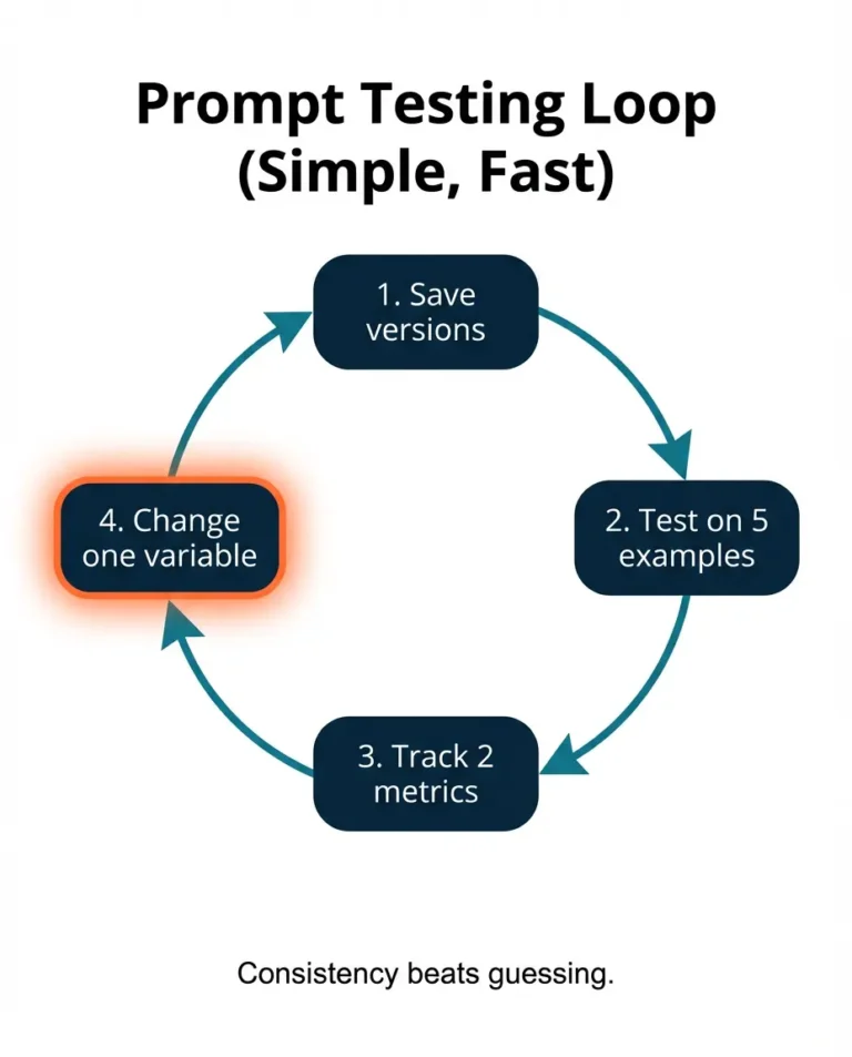 Prompt Testing Loop diagram with four steps: save versions, test on 5 examples, track 2 metrics, change one variable.
