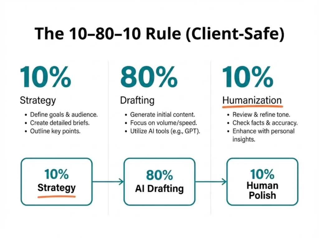 10-80-10 rule table showing three phases of client-safe AI writing workflow for freelance writers with detailed breakdown