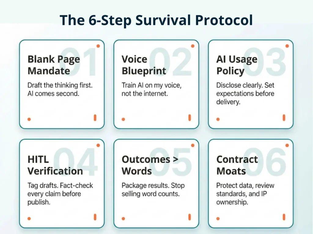 Use AI for freelance writing 6-step survival protocol: blank page, voice blueprint, policy, HITL verification, outcomes, contracts