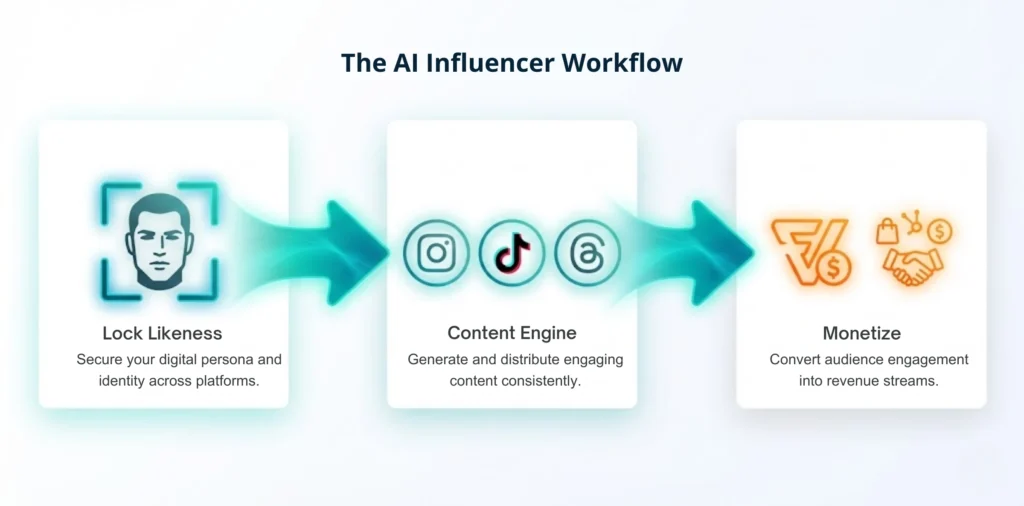 A workflow diagram for one of the most profitable business models to monetize AI-generated images. It visualizes three stages: "Lock Likeness" (Character Consistency), "Content Engine" (Instagram/TikTok), and "Monetize" (Fanvue/Brand Deals).