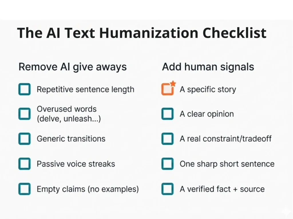 AI text humanization checklist showing how to remove AI giveaways and add human signals to freelance writing