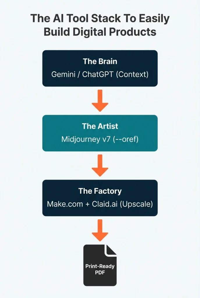 Vertical flowchart showing the AI production stack: Gemini for context, Midjourney v7 for visuals, and Make.com plus Claid.ai for automation, resulting in a print-ready PDF.