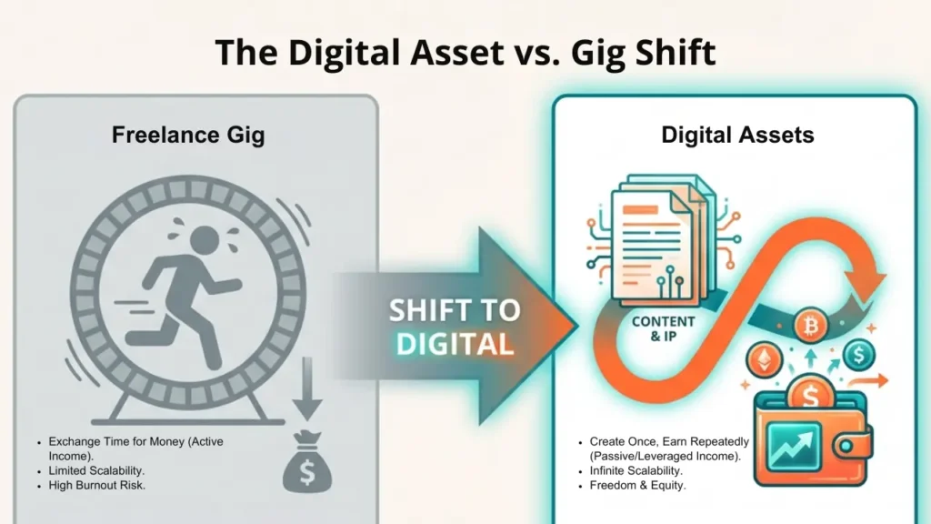 A comparison diagram showing the difference between active freelance gigs (represented by a hamster wheel) and passive digital assets (represented by an infinity loop leading to a wallet), which is included in an article on the blueprint for easy AI side hustle.