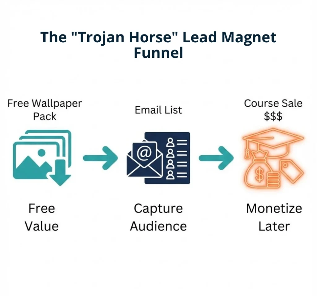  A 3-step flowchart illustrating how to monetize AI-generated images using the "Trojan Horse" method: Step 1 offers a "Free Wallpaper Pack," Step 2 captures the "Email List," and Step 3 leads to high-ticket "Course Sales."