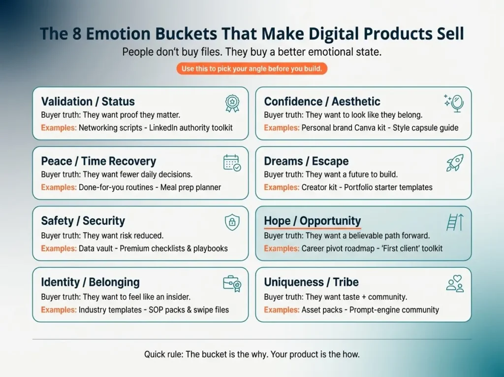 Infographic of the 8 emotion buckets that drive digital product demand, with buyer truths and example products.