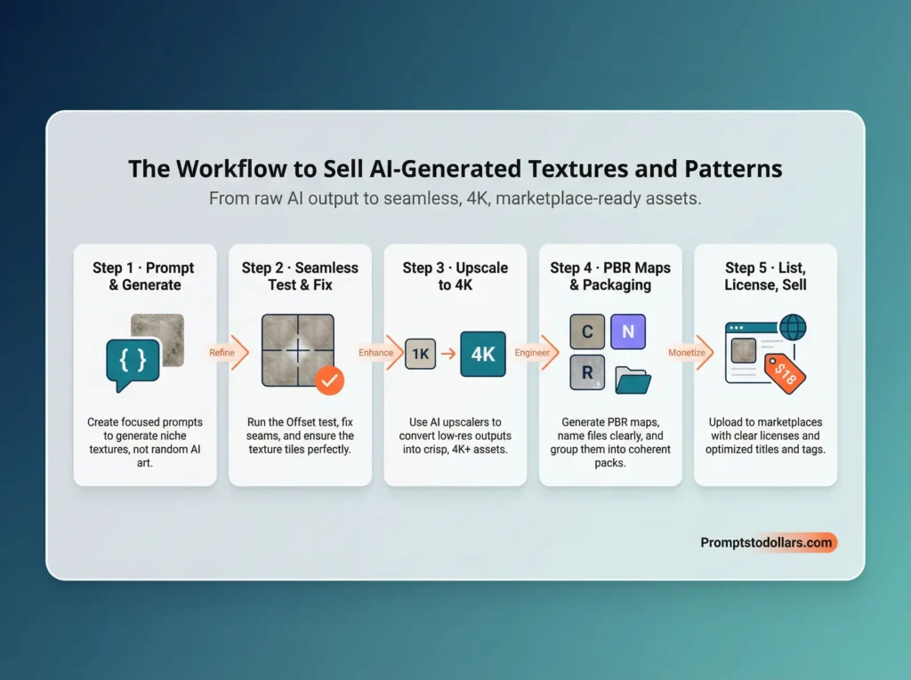 Infographic showing a five-step workflow to sell AI-generated textures and patterns: prompt and generate, run seamless Offset test, upscale to 4K, create PBR maps and package files, then list, license, and sell on marketplaces.