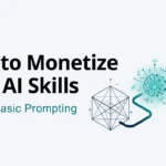A split-layout graphic showing the process of monetizing AI skills: a wireframe cube representing basic prompting transforms through a teal neural network pipeline into a glowing orange box representing high-value financial outcomes. This is a featured image for a blog article on how to monetize your AI skills