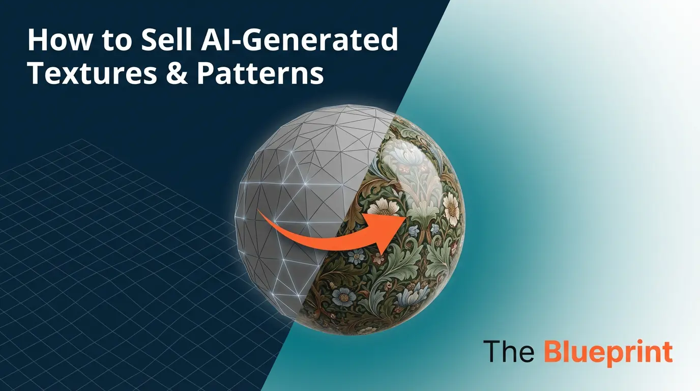 Featured image showing a 3D sphere half wireframe and half ornate floral texture with an orange arrow wrapping around it, illustrating how to sell AI-generated textures and patterns from raw mesh to polished asset.