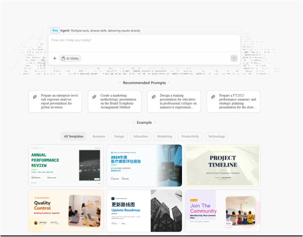 Top 10 AI Presentation Maker Platforms for Non-Designers 5 Chat.z.ai AI presentation maker platforms interface with white background showing AI slides creation button, recommended prompt cards for enterprise risk analysis and brand marketing presentations, and template gallery with annual performance review and project timeline examples