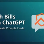 Featured image with a teal gradient background showing a chat bubble icon protecting a financial growth arrow. Text overlay reads "Slash Bills with ChatGPT: 7 Copy-Paste Prompts Inside.